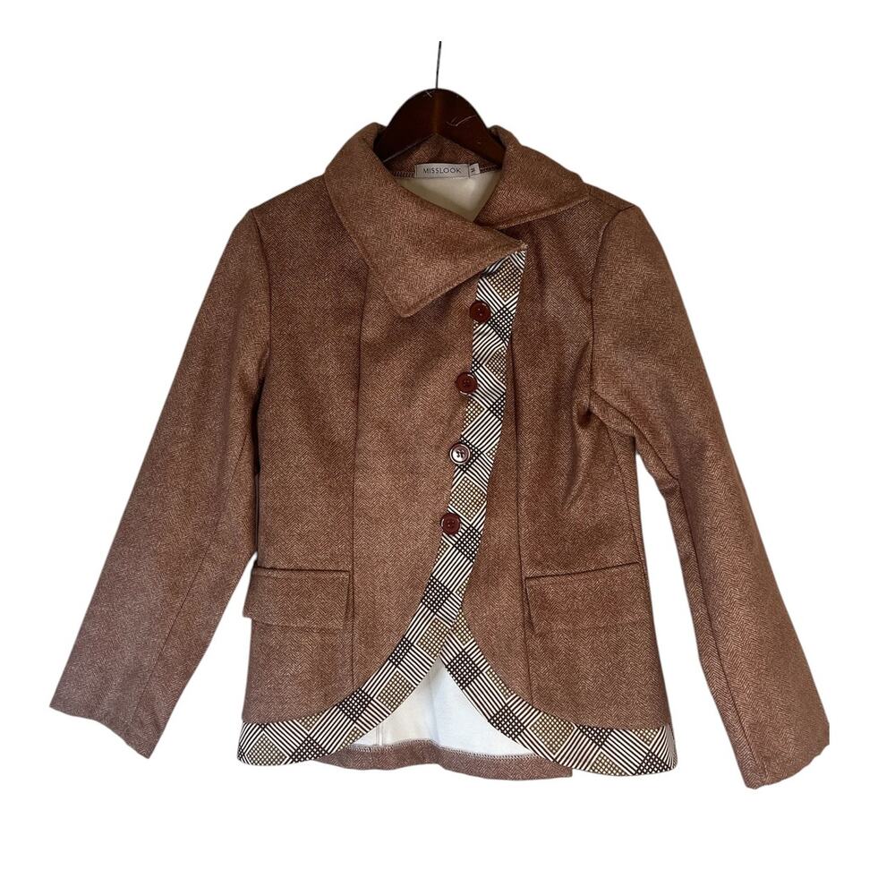 Misslook Womens Brown Asymmetrical Blazer Jacket Button Up Plaid Trim Size Med
